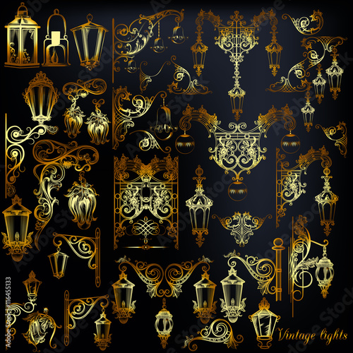 Vector set of calligraphic decorative elements and street lights