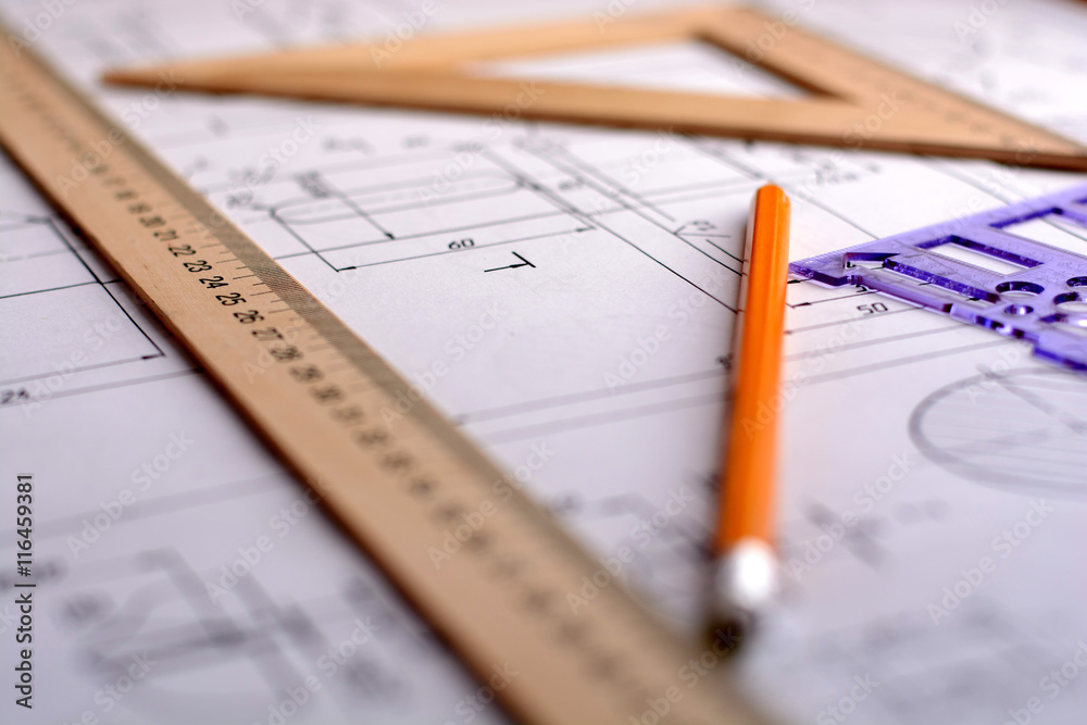 Engineering drawing equipment, paper, ruler and pencil Engineering drawing equipment, paper, ruler and pencil