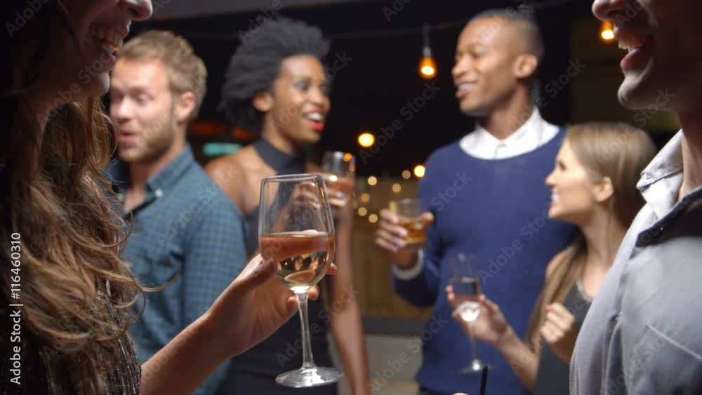 Couples Chatting And Drinking At Evening Party, Slow Motion Couples Chatting And Drinking At Evening Party, Slow Motion