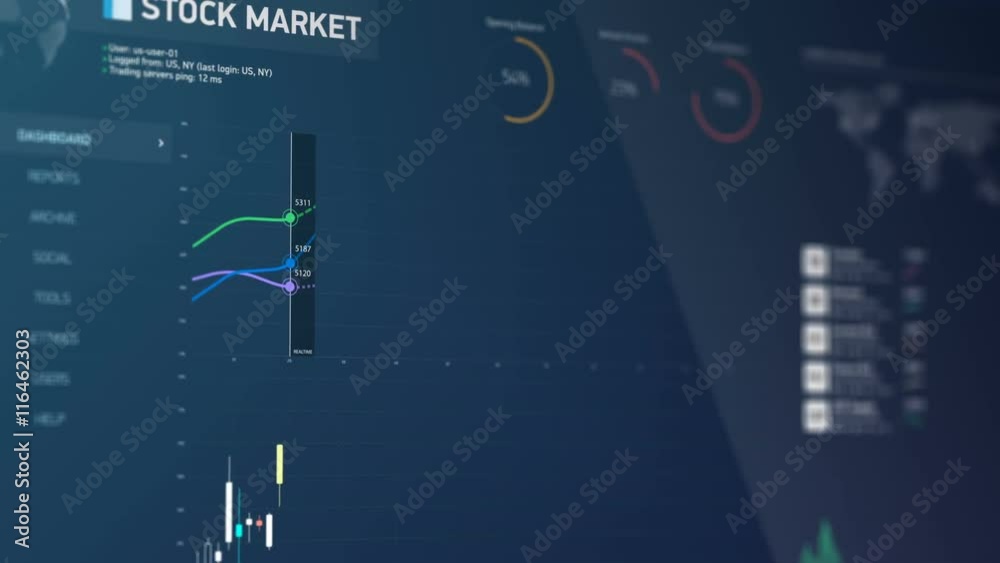 Stock market monitoring software, financial data changing on screen, statistics. Electronic chart with stock market fluctuations, summary, annual reports, analysis