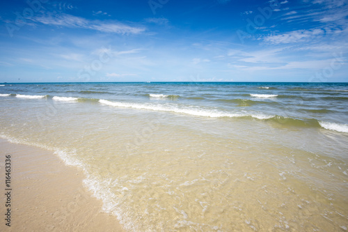 Beautiful blue sea wave on white sand beach at Hua Hin, Prachuap KhiriKhan Province,Thailand. 