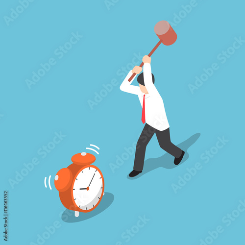 Isometric businessman trying to destroy alarm clock by hammer