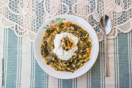 Purslane food with yoghurt / Turkish Traditional yogurtlu semizo photo