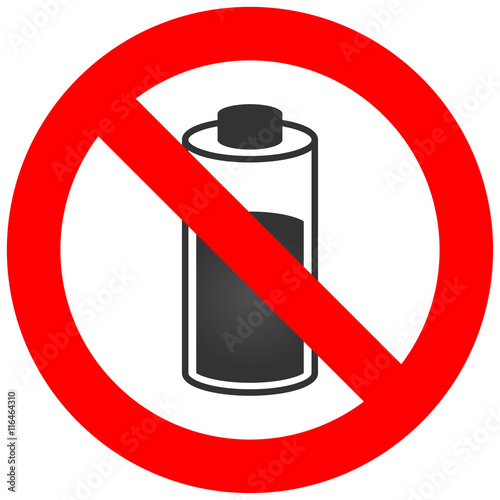 Forbidden sign with battery icon isolated on white background. Battery is prohibited vector illustration. Using battery is not allowed image. Batteries are banned.