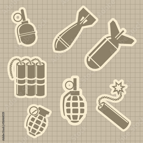 Military rocket dynamit and hand grenades vector. Military stickers on vintage notebook page