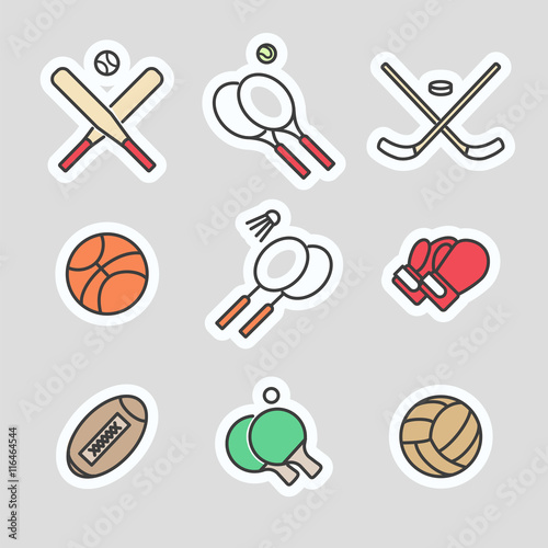 Colorful sport games stickers vector line icons collection