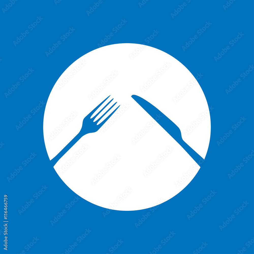 Icono plano cubiertos en circulo sobre fondo azul Icono plano cubiertos en circulo sobre fondo azul