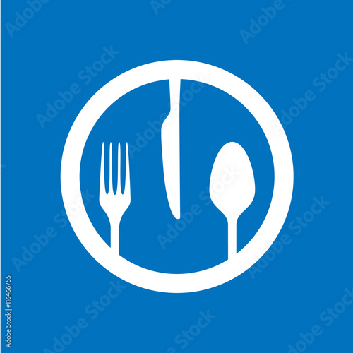 Icono plano cubiertos en circulo sobre fondo azul