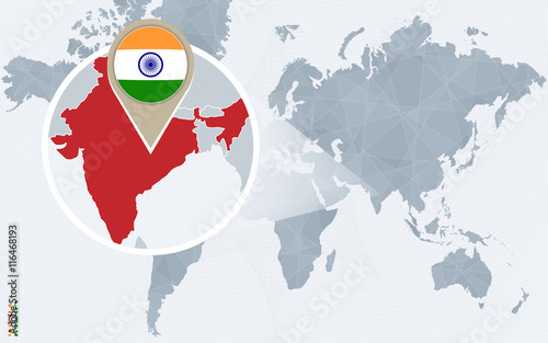 Abstract blue world map with magnified India.