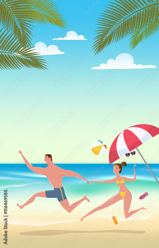 Couple on beach vacation. Vector Illustration of summer time wallpaper or fun summer party, and travel for poster, web design, event.