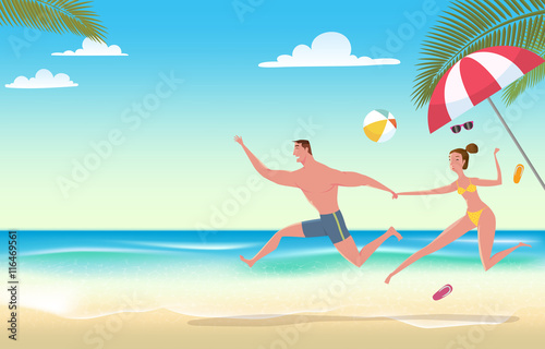 Couple on beach vacation. Vector Illustration of summer time wallpaper or fun summer party, and travel for poster, web design, event.