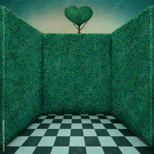 Background for illustration or poster with green walls and tree heart