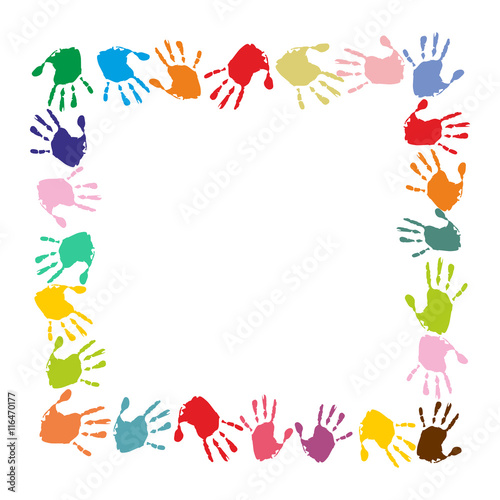 Quadratischer Rahmen aus bunten Handabdrücken