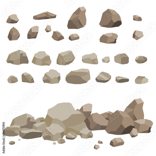 Rock stone big set cartoon. Stones and rocks in isometric 3d flat style. Set of different boulders. Video Game photo