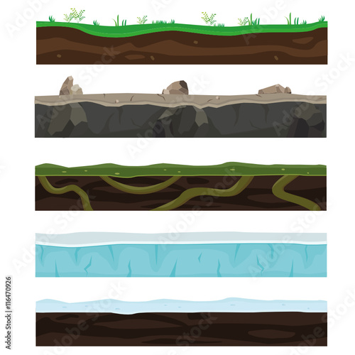 Landscape Grounds For Game Ui/ Illustration set of seamless game player grounds, soils and platform with patterns of wall, desert, sand, roots and green grass for user interface