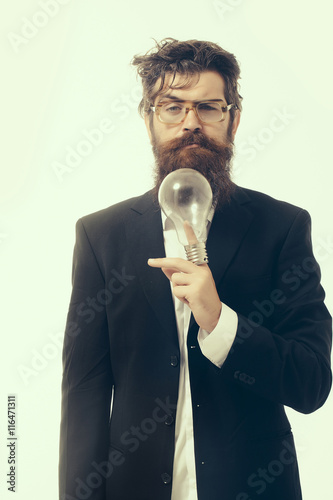 bearded man with lamp as einstein formula symbol