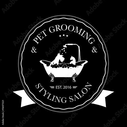 Cute dog and cat taking shower in bath. Logo for pet hair salon, pet styling and grooming shop, store for dogs and cats. Vector illustration