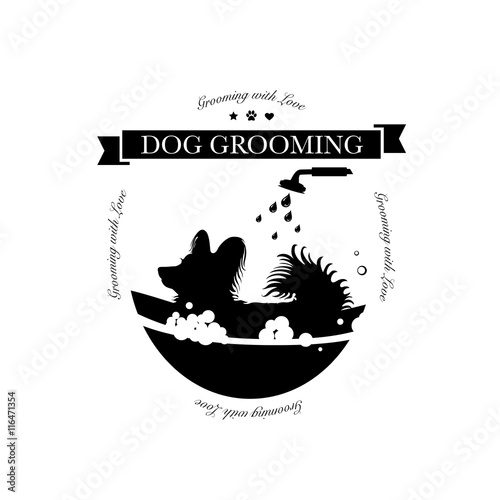 Cute dog taking shower in bath. Logo for dog hair salon, styling and grooming shop, store for pets. Vector illustration