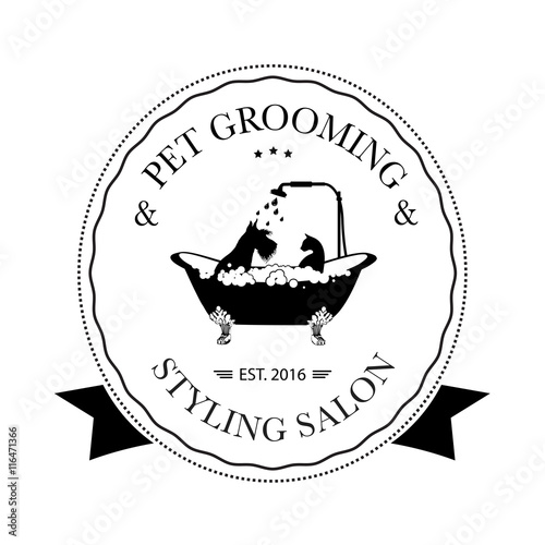 Cute dog and cat taking shower in bath. Logo for pet hair salon, pet styling and grooming shop, store for dogs and cats. Vector illustration