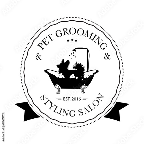 Cute dog taking shower in bath. Logo for pet hair salon, pet styling and grooming shop, store for dogs and cats. Vector illustration