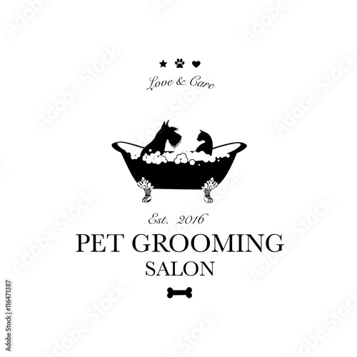 Cute dog and cat in bath. Logo for pet hair salon, pet styling and grooming shop, store for dogs and cats. Vector illustration