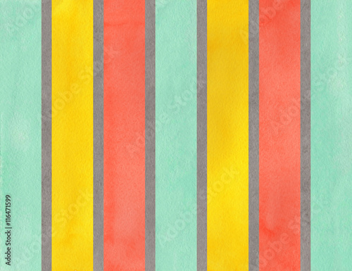 Watercolor gray, salmon, yellow and seafoam striped background.