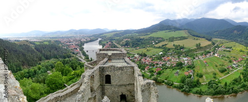 River Vah near Strecno, Slovakia - View from Ruins of Medieval Castle Strecno Built in the First Half of 14th Century on One Hundred Meters High Hill above River Vah photo