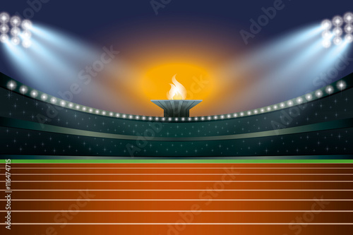 Athletics stadium with track at general front night view. Vector