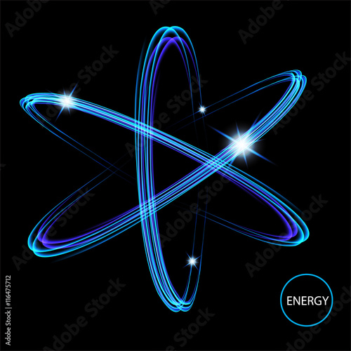 Shining neon lights atom model. Crossed circles light train effect. Glowing atom structure with magic fire ring trace.