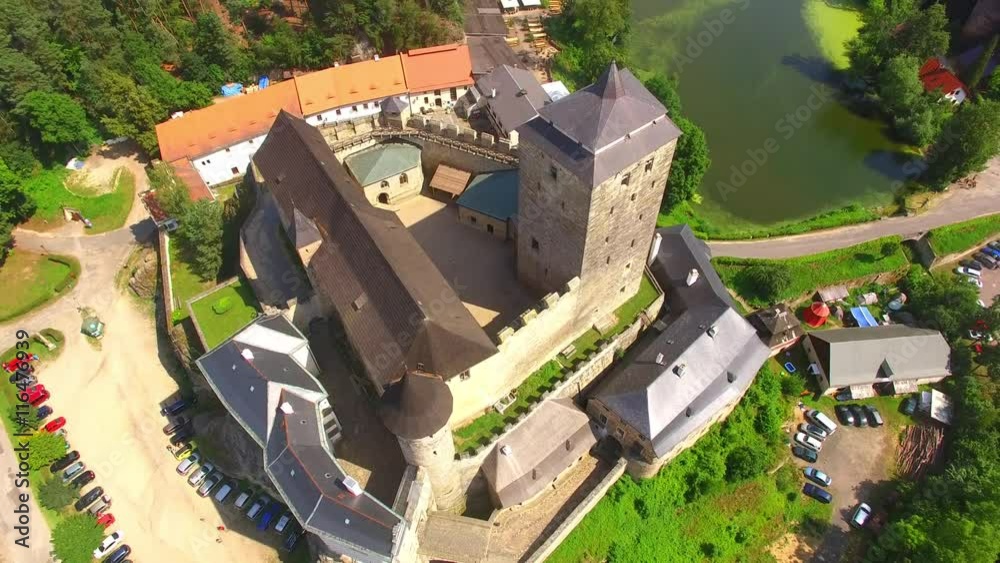 Gothic castle Kost in National Park Cesky Raj (Czech Paradise). Aerial view to medieval monument in Czech Republic. Central Europe. 