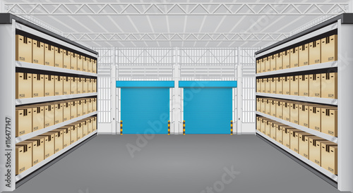 Warehouse or industrial building. Consist of cargo box on shelf and empty space. Use as distribution center for loading, storage, warehousing, shipping and freight forwarding. Vector illustration.