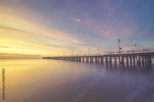 wooden pier on the Baltic Sea, Gdynia Orłowo, Poland.Seascape,sunset, retro effect