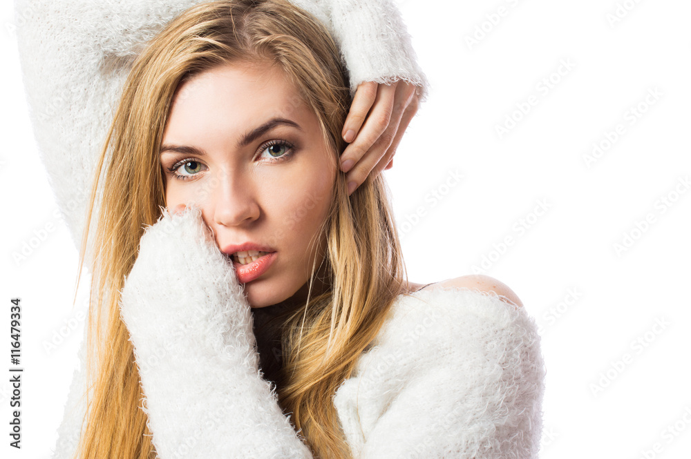 Young sexy sensual fashion woman on white wall background, dressed in jeans style, stylish, fashionable blonde posing in the studio. Young sexy sensual fashion woman on white wall background, dressed in jeans style, stylish, fashionable blonde posing in the studio.