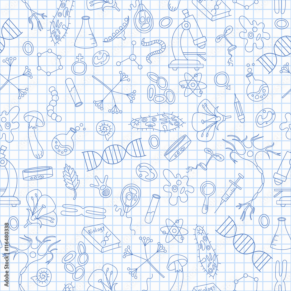 Seamless pattern with hand drawn icons on the theme of biology,dark blue outline on notebook sheet in a cage