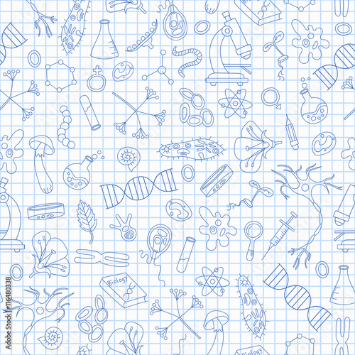 Seamless pattern with hand drawn icons on the theme of biology,dark blue outline on notebook sheet in a cage