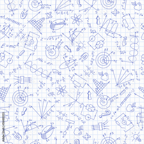 Seamless pattern with formulas,graphs, and equipment as the subject of physics,dark blue outline on notebook sheet in a cage