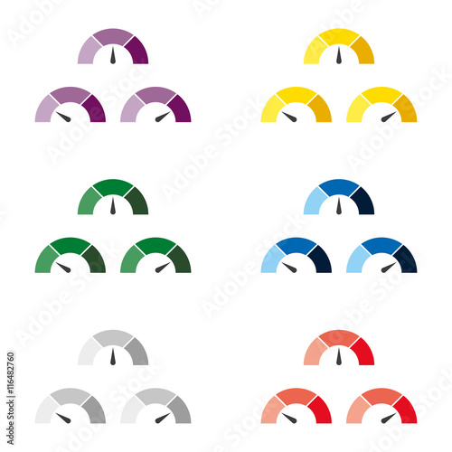 Set of multicolor speedometer or rating meter signs infographic gauge element. Vector illustration