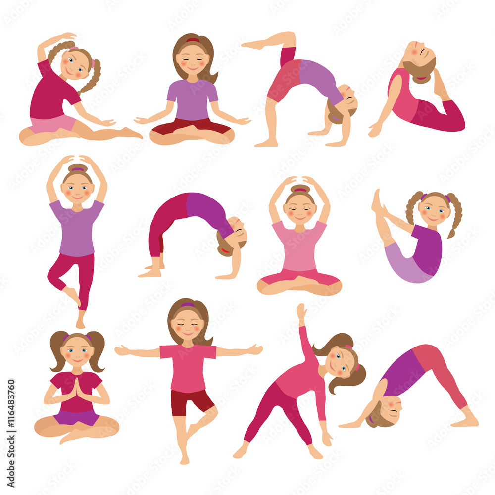 Kids Yoga Poses Vector Illustration. Child doing exercises. Posture for Kid. Healthy Children Lifestyle. Babies gymnastics. Sports girls on White Background. Oriental Meditation and Relaxation. Kids Yoga Poses Vector Illustration. Child doing exercises. Posture for Kid. Healthy Children Lifestyle. Babies gymnastics. Sports girls on White Background. Oriental Meditation and Relaxation.