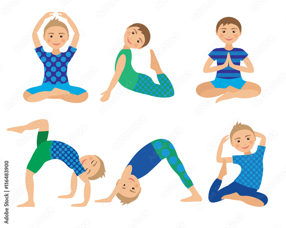 Kids Yoga Poses Vector Illustration. Child doing exercises. Posture for Kid. Healthy Children Lifestyle. Babies gymnastics. Sports Boys on White Background. Oriental Meditation and Relaxation. Kids Yoga Poses Vector Illustration. Child doing exercises. Posture for Kid. Healthy Children Lifestyle. Babies gymnastics. Sports Boys on White Background. Oriental Meditation and Relaxation.