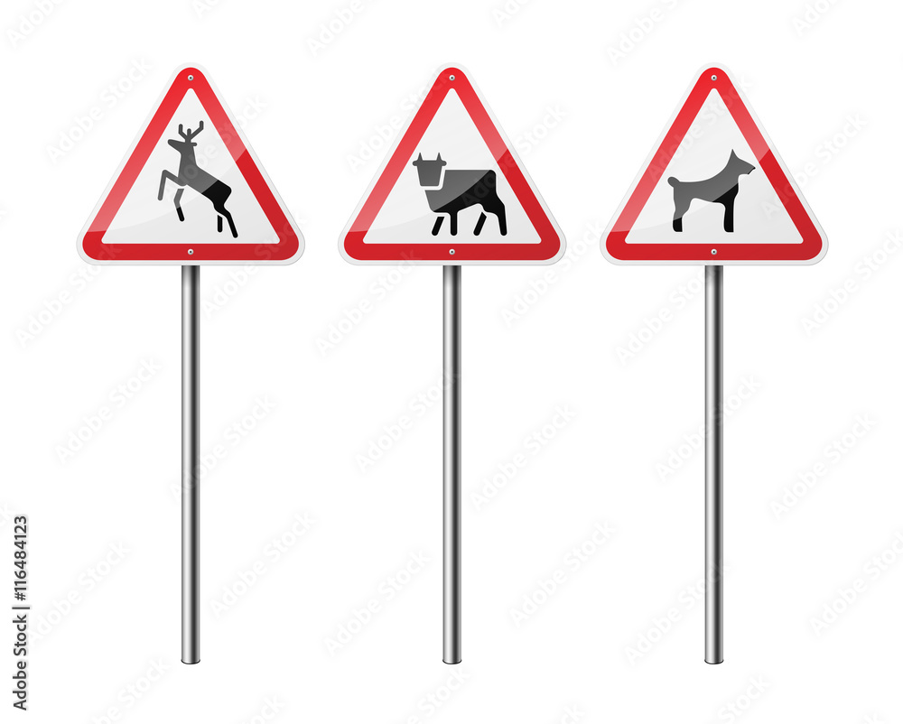 Set of 3 triangular road signs, isolated on white background. EPS10 vector illustration.