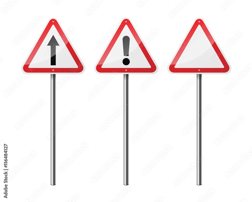 Set of 3 triangular road signs, isolated on white background. EPS10 vector illustration. Set of 3 triangular road signs, isolated on white background. EPS10 vector illustration.