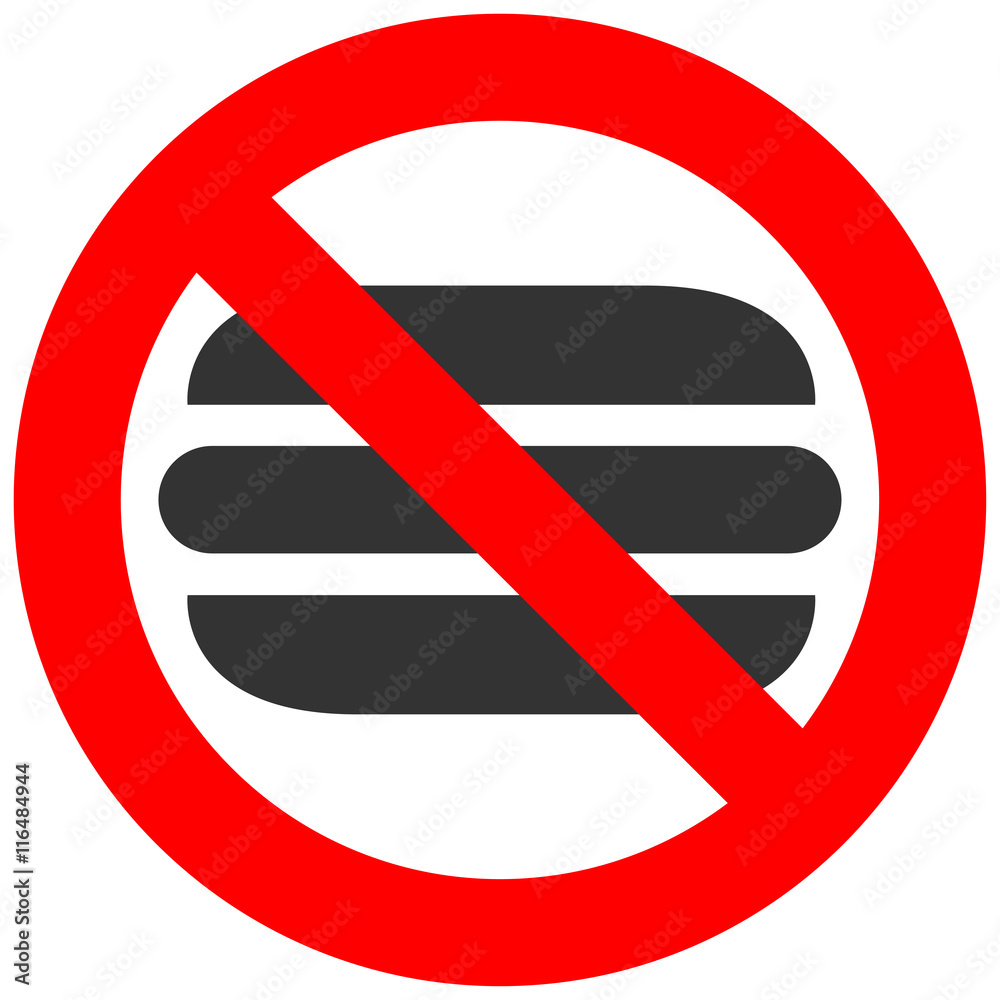 Stop or ban sign with burger icon isolated on white background. Fastfood is prohibited vector illustration. Eating fastfood is not allowed image. Junk food is banned. Stop or ban sign with burger icon isolated on white background. Fastfood is prohibited vector illustration. Eating fastfood is not allowed image. Junk food is banned.