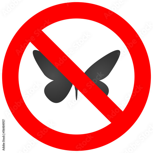 Stop or ban sign with butterfly icon isolated on white background. Butterfly is prohibited vector illustration. Moth is not allowed image. Insects are banned.