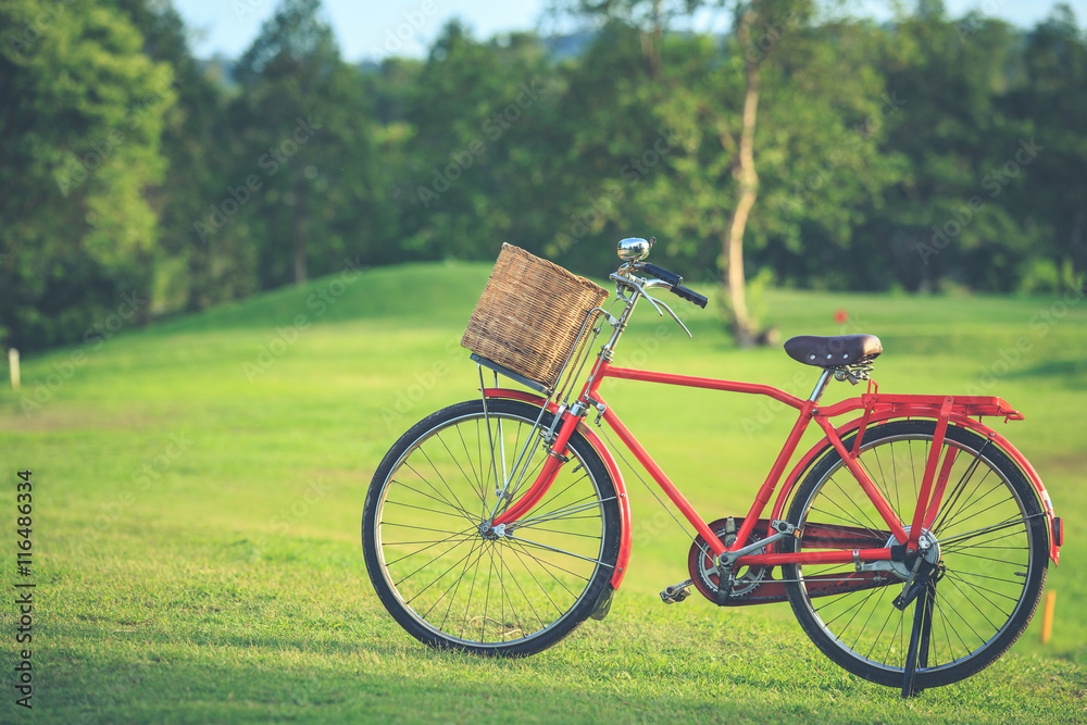 Red Japan style classic bicycle at the park Red Japan style classic bicycle at the park
