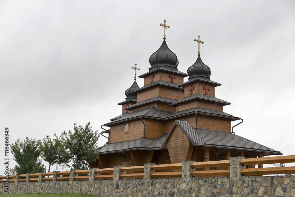 old traditional wooden church in Carpathians, Western Ukraine