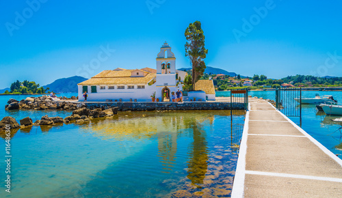 Landscape of religious architecture of Vlacherna monastery of Panay region in Corfu village, Greece