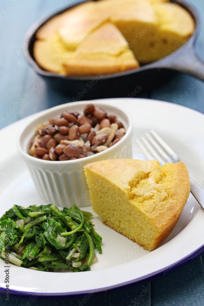 beans and greens with cornbread, cuisine of the Southern United States beans and greens with cornbread, cuisine of the Southern United States