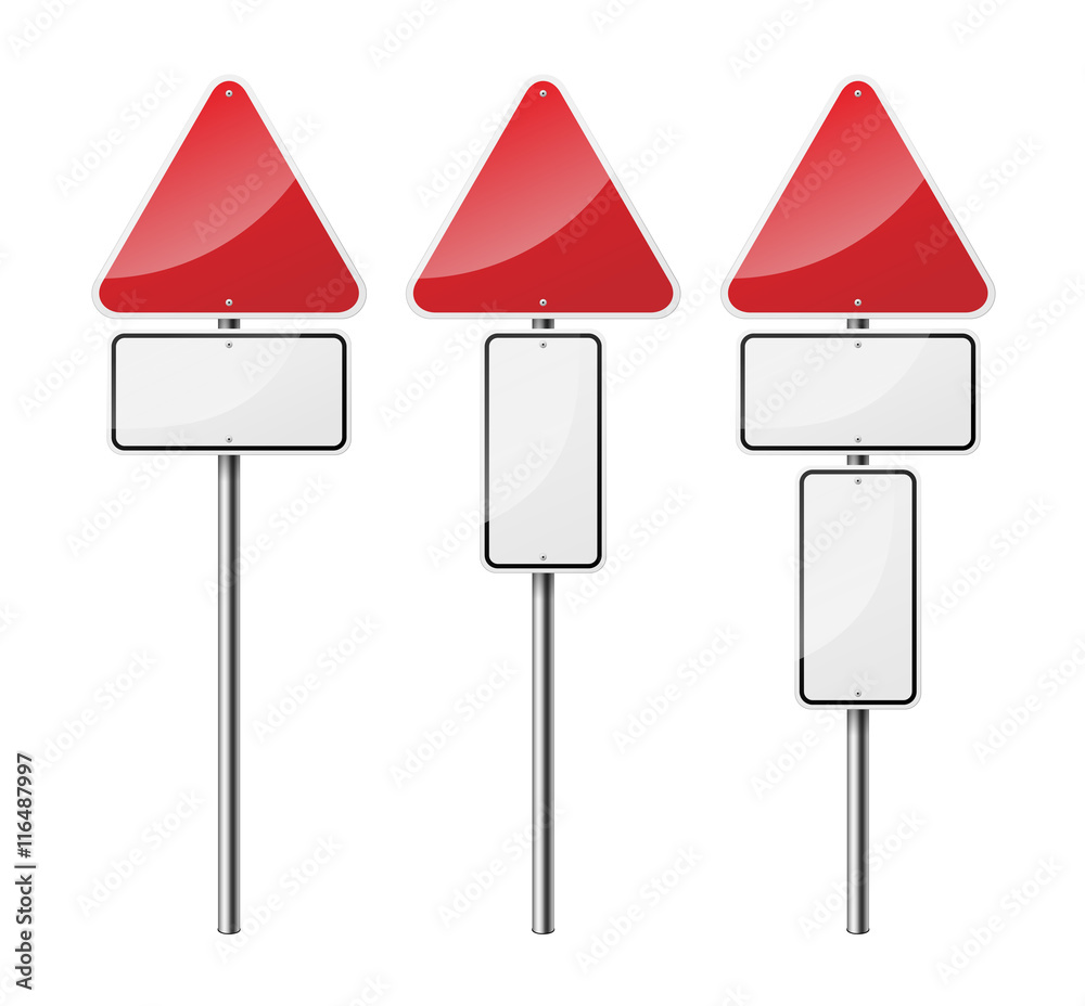 Set of 3 blank triangular road signs, isolated on white background. EPS10 vector illustration. Set of 3 blank triangular road signs, isolated on white background. EPS10 vector illustration.