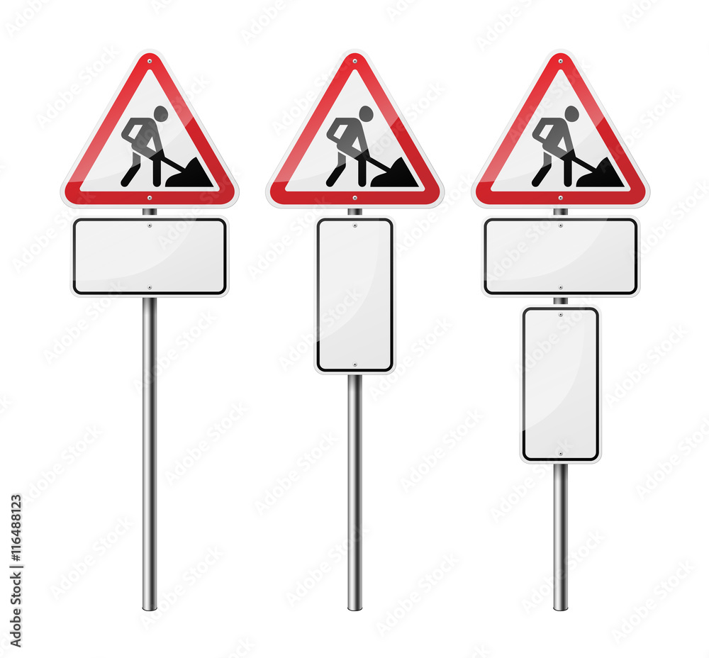 Set of 3 blank triangular road signs, isolated on white background. Road works. EPS10 vector illustration. Set of 3 blank triangular road signs, isolated on white background. Road works. EPS10 vector illustration.
