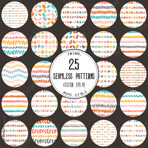 Big set of 25 hand-drawn seamless patterns. 